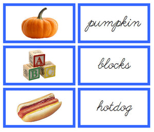 Blue Words & Picture Cards (photos) - CURSIVE - Montessori Print Shop phonics lesson
