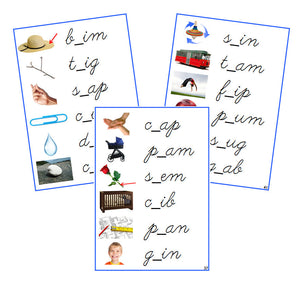Blue CCVC Missing Consonant Cards (photos) - CURSIVE - Montessori Print Shop phonics lesson