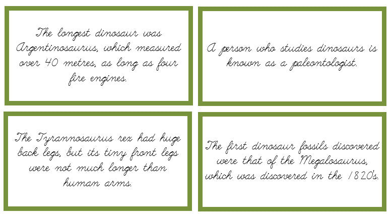 Dinosaur Fun Facts (color borders) Cursive - Montessori Print Shop