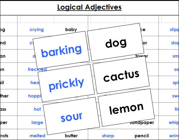 Logical Adjectives Matching Cards - Montessori Print Shop grammar lesson