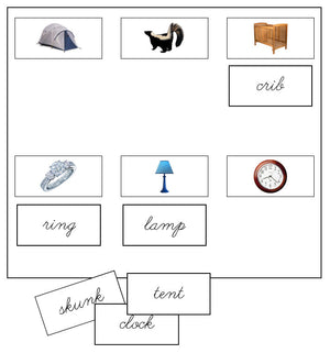 Step 2: Sheets & Labels (photos) - CURSIVE - Montessori Print Shop phonics lesson