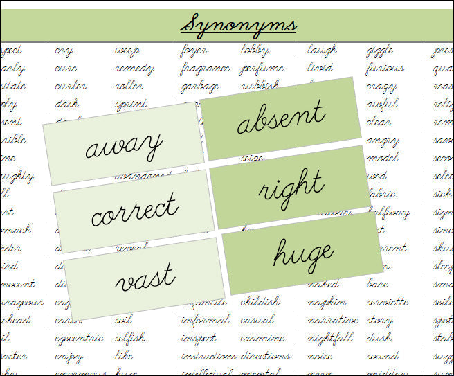Synonyms (color, cursive) - Montessori Print Shop Grammar Lesson