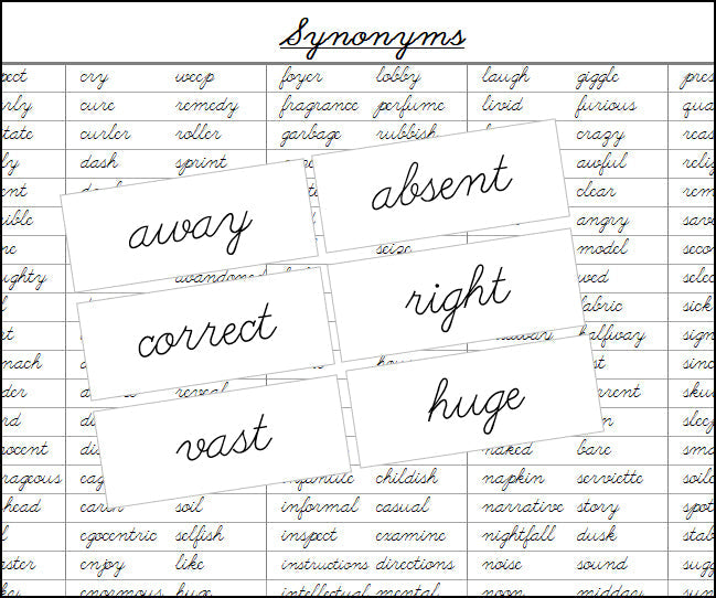 Synonyms (cursive) - Montessori Print Shop Grammar Lesson