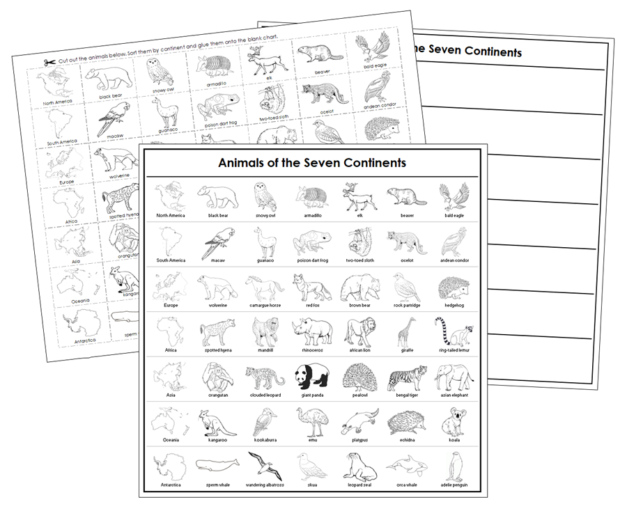 Animals of the Continents Sorting Cut & Paste Activity (Blackline Masters) - Montessori Print Shop