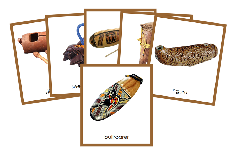 Musical Instruments of Australia/Oceania 3-Part Cards (color coded) by Montessori Print Shop