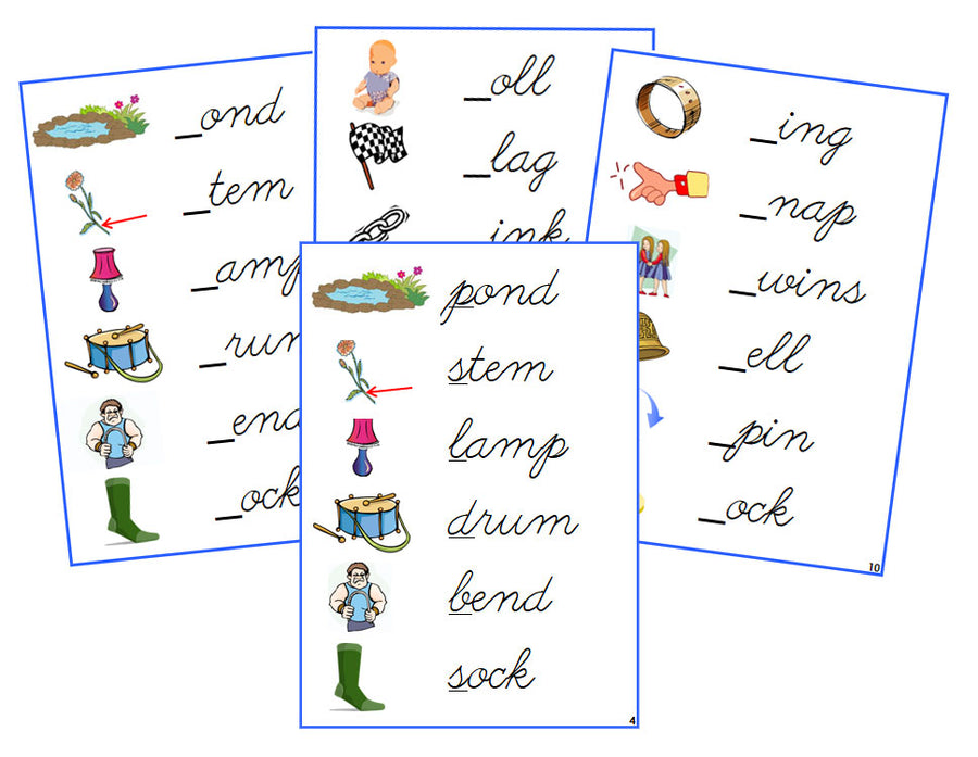 Montessori Blue Initial Sound Cards - CURSIVE - Montessori Print Shop phonics lesson