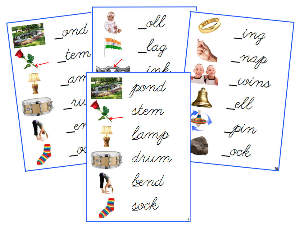 Montessori Blue Initial Sound Cards (photos) - CURSIVE - Montessori Print Shop phonics lesson