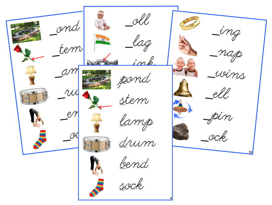 Montessori Blue Initial Sound Cards (photos) - CURSIVE - Montessori Print Shop phonics lesson