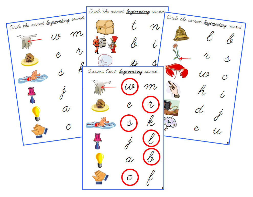 Montessori Blue Initial Sound Choice Cards - CURSIVE - Montessori Print Shop phonics lesson