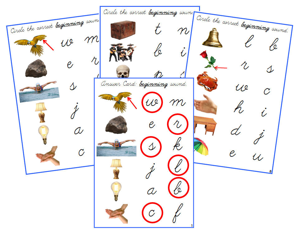 Montessori Blue Initial Sound Choice Cards (photos) - CURSIVE - Montessori Print Shop phonics lesson