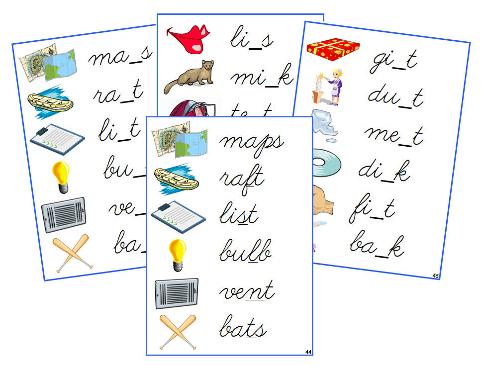 Montessori Blue CVCC Missing Consonant Cards - CURSIVE - Montessori Print Shop phonics lesson