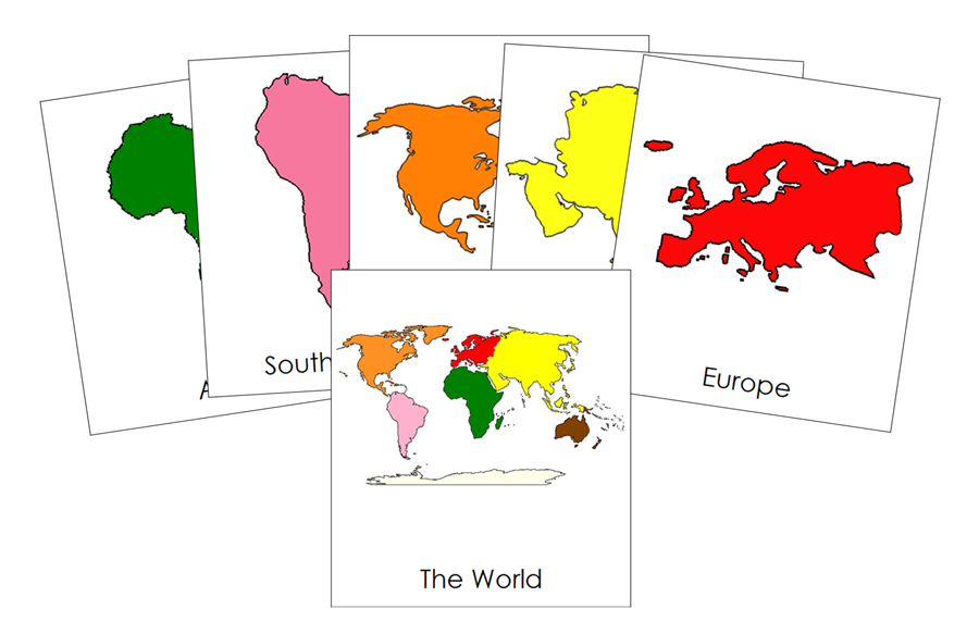 Continents 3-Part Cards (color-coded) by Montessori Print Shop