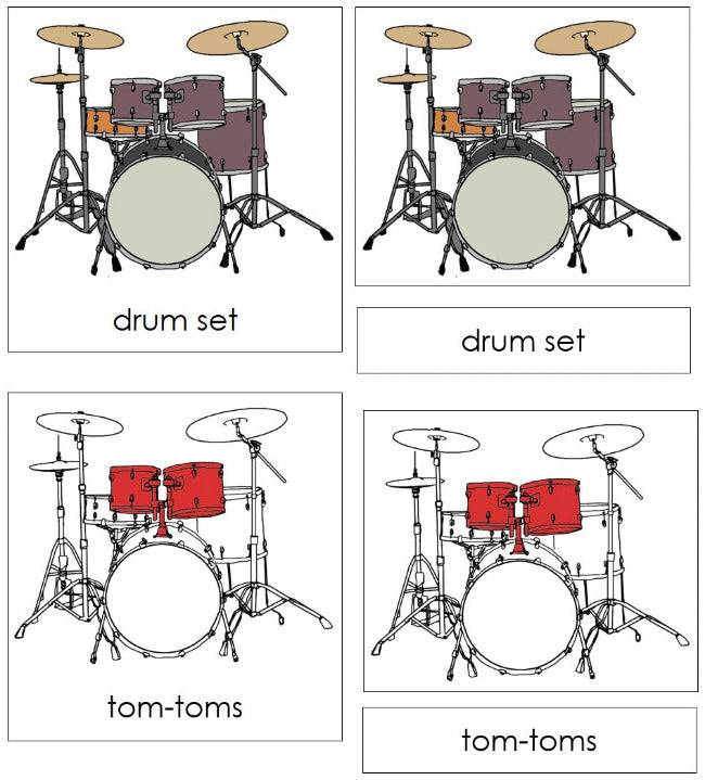 Parts of a Drum Set 3-Part Nomenclature Cards (red) by Montessori Print Shop