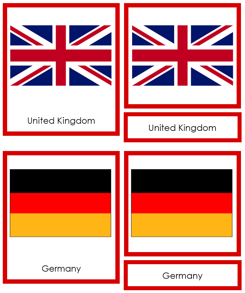 Flags of Europe 3-Part Cards (color-coded) by Montessori Print Shop