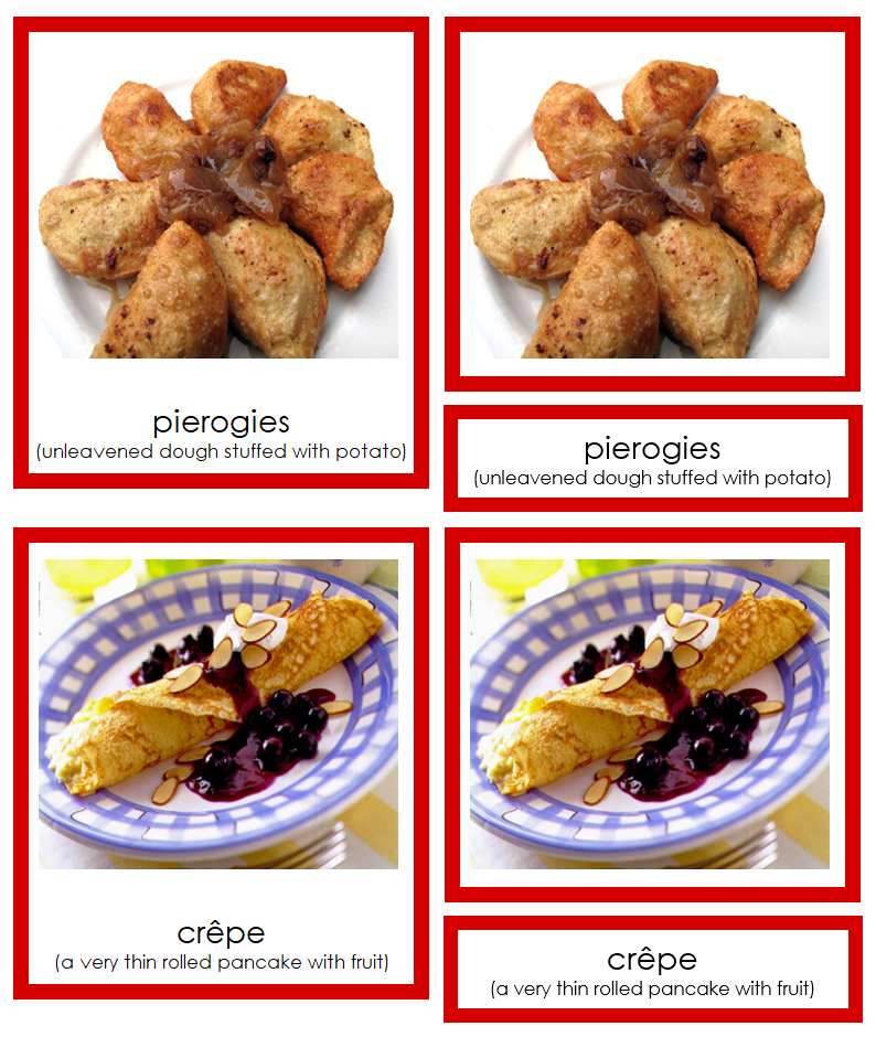 Foods of Europe 3-Part Cards (color-coded) by Montessori Print Shop