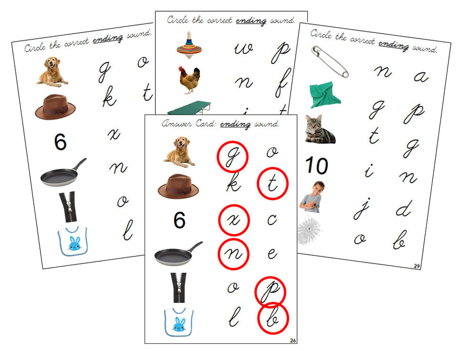 Montessori Step 1: Ending Sound Choice Cards (photos) - CURSIVE - Montessori Print Shop phonics lesson