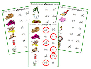 Montessori Green Phonogram Sound Choice Cards - Set 1 - CURSIVE - Montessori Print Shop phonograms lesson