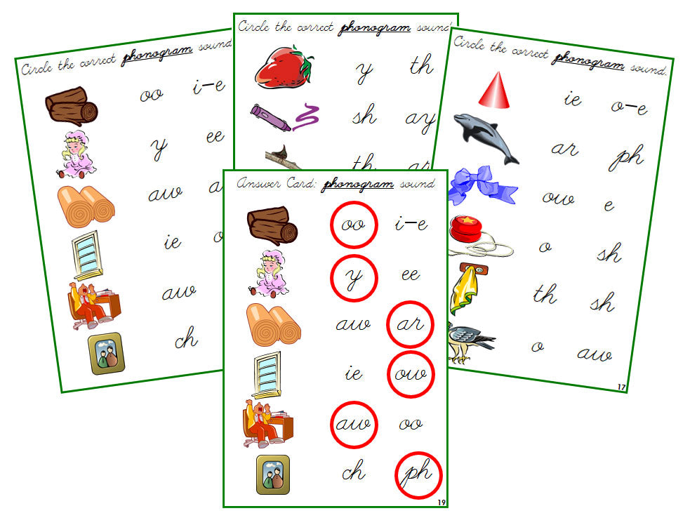 Montessori Green Phonogram Sound Choice Cards - Set 2 - CURSIVE - Montessori Print Shop phonogram lesson