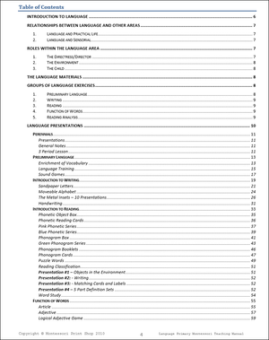 Primary Montessori Language Teaching Manual (Table of Contents) by Montessori Print Shop