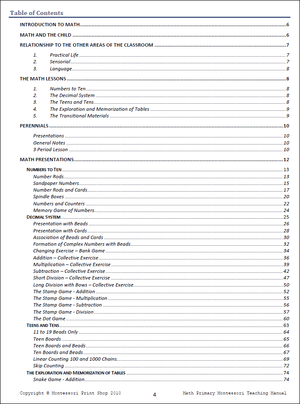 Primary Montessori Math Teaching Manual (Table of Contents) by Montessori Print Shop