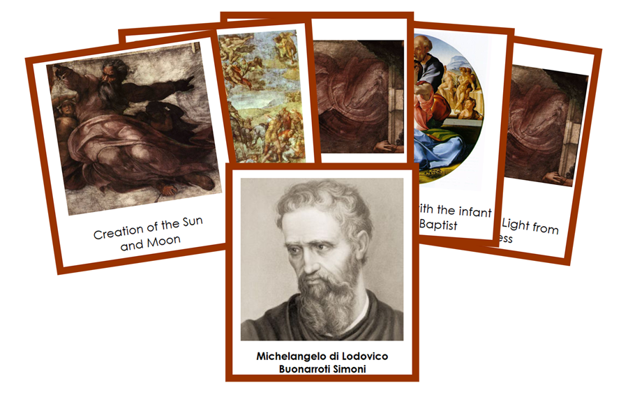 Michelangelo 3-Part Art Cards (color-coded) - Montessori Print Shop Digital Download