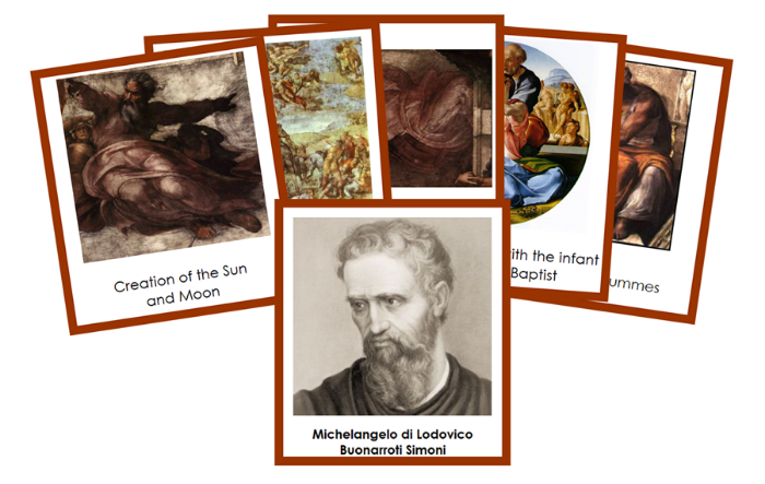 Michelangelo 3-Part Art Cards (color-coded) - Montessori Print Shop Digital Download