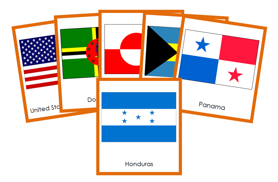 Flags of North America 3-Part Cards (color-coded) by Montessori Print Shop