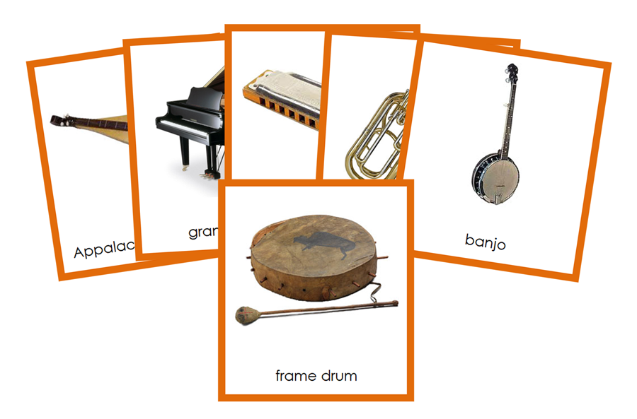 Musical Instruments of North America 3-Part Cards (color-coded) by Montessori Print Shop