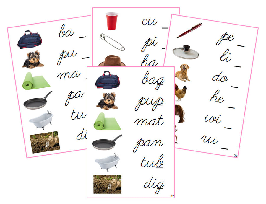 Montessori Pink Ending Sound Cards (photos) - CURSIVE - Montessori Print Shop phonics