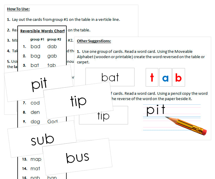 Reversible Word Cards (Anadromes) - Montessori language cards - Montessori Print Shop Digital Download