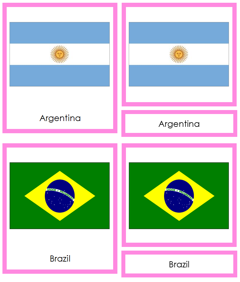 Flags of South America 3-Part Cards (color-coded) by Montessori Print Shop