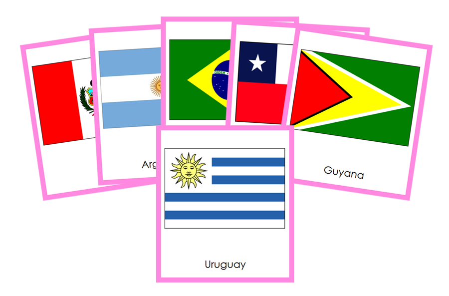 Flags of South America 3-Part Cards (color-coded) by Montessori Print Shop
