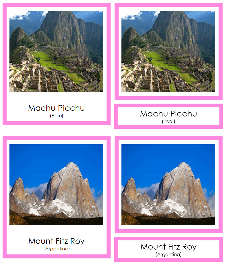 Landmarks of South America 3-Part Cards (color-coded) by Montessori Print Shop