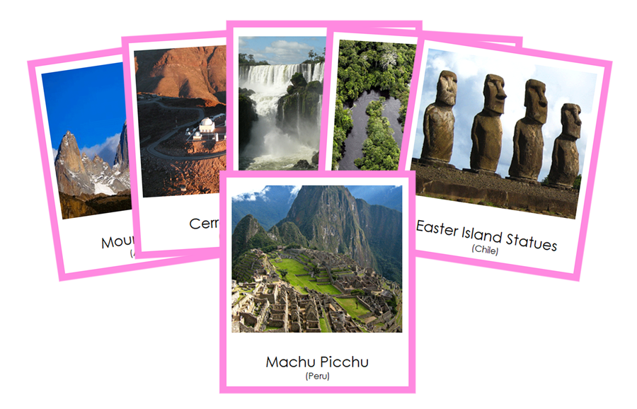Landmarks of South America 3-Part Cards (color-coded) by Montessori Print Shop