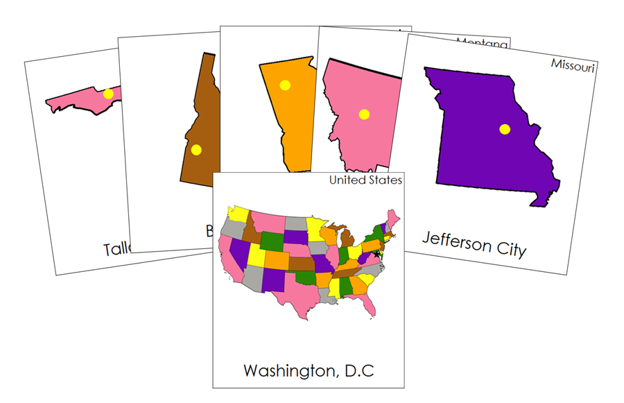 Capital Cities of the United States 3-Part Cards (color coded) by Montessori Print Shop