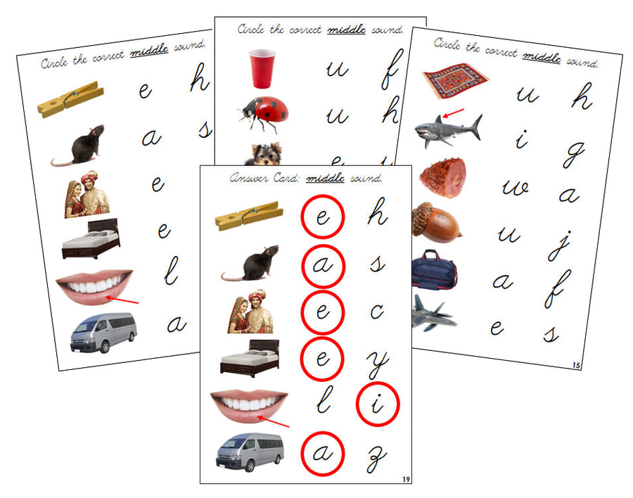 Montessori Step 1: Vowel Sound Choice Cards (photos) - CURSIVE - Montessori Print Shop phonics lesson