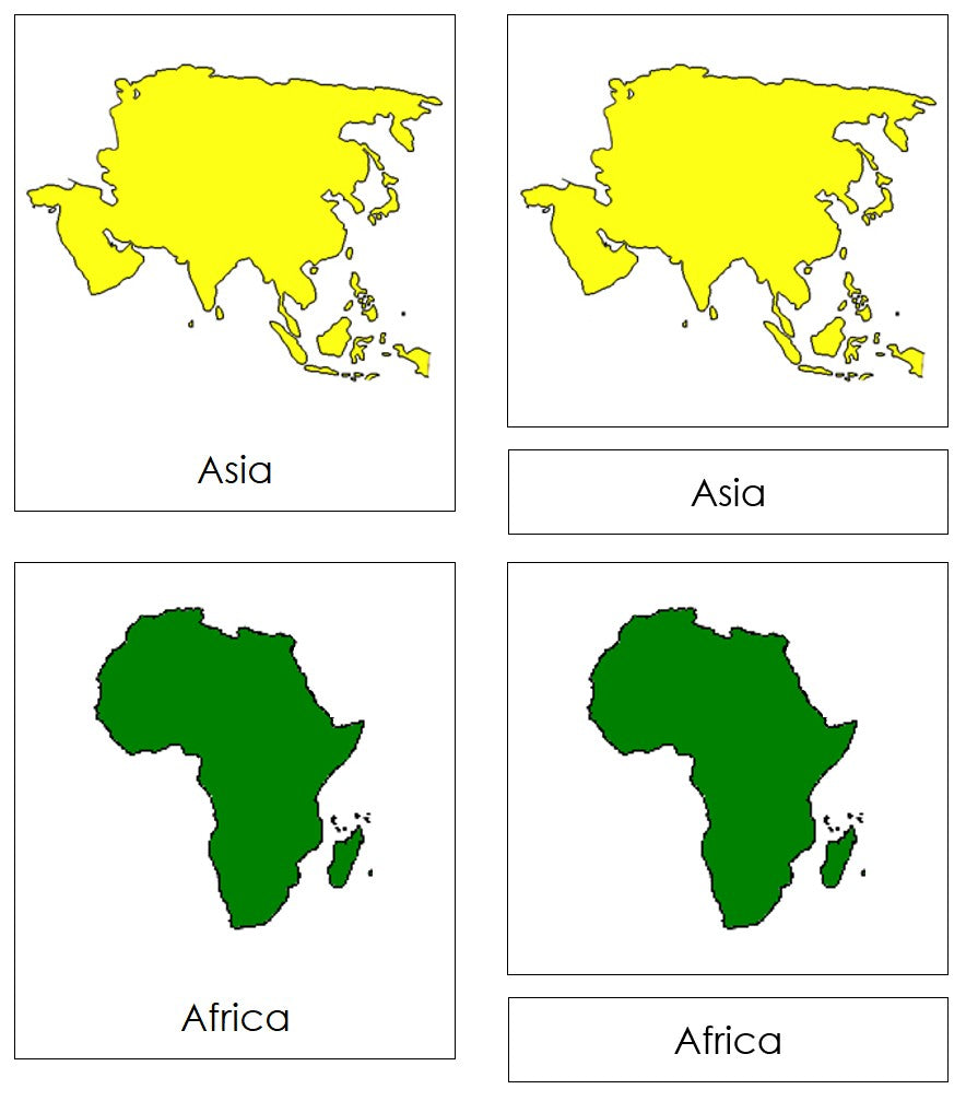 Continents 3-Part Cards (color-coded) by Montessori Print Shop