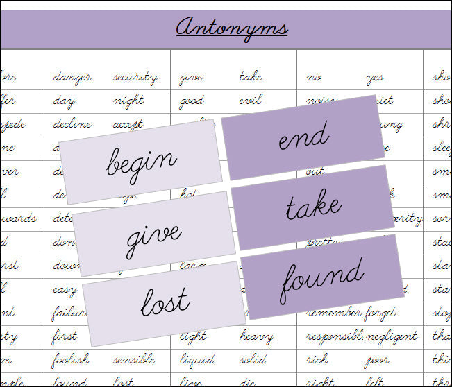 Antonyms (color, cursive) - Montessori Print Shop Grammar Primary Lesson