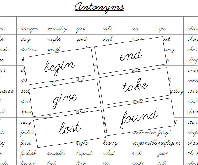 Antonyms (cursive) - Montessori Print Shop Grammar Lesson
