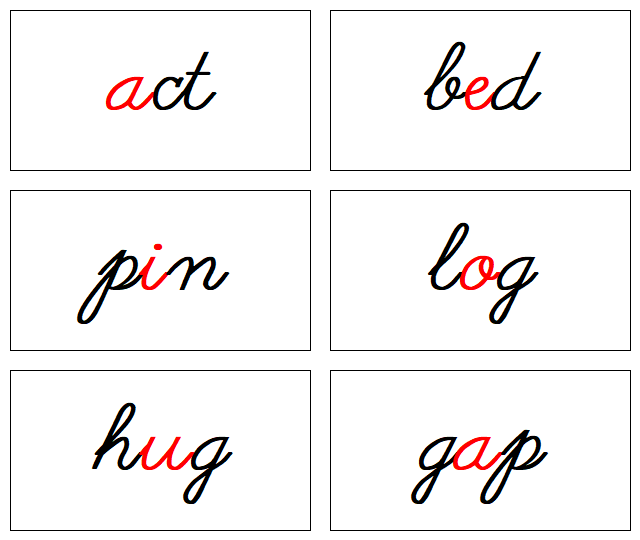 Phonetic Word Cards (black/red) Cursive Level 1- Montessori Print Shop