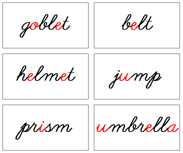 Phonetic Word Cards (black/red) Cursive Level 2- Montessori Print Shop