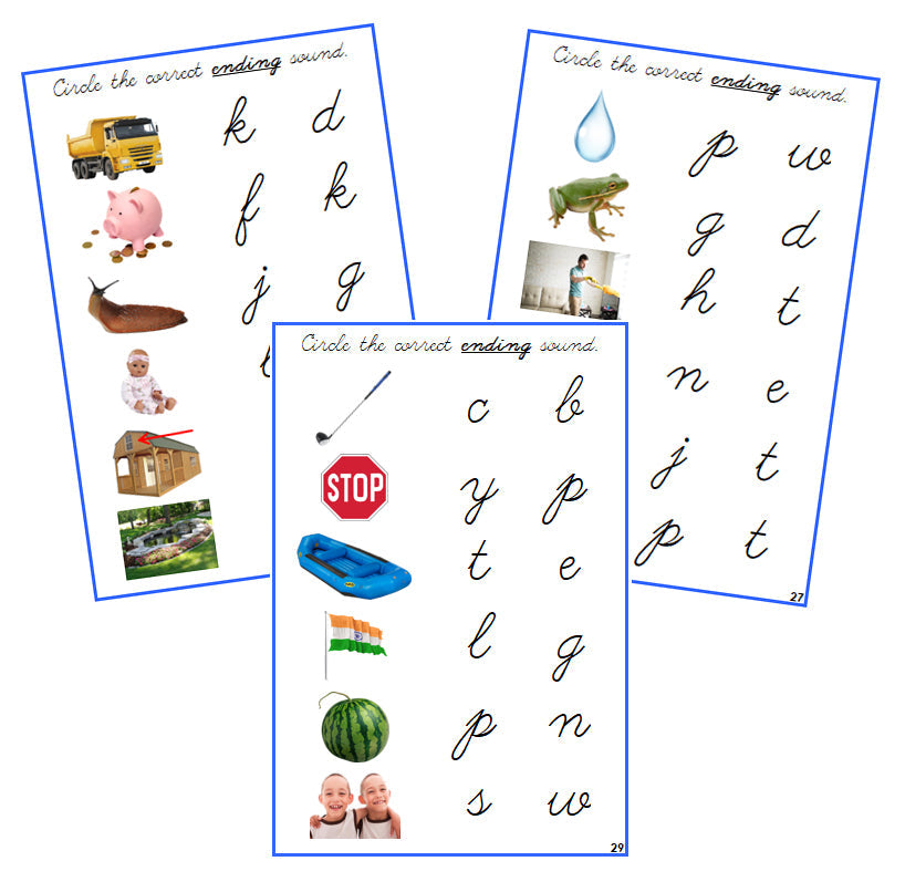 Blue Ending Sound Choice Cards (photos) - CURSIVE - Montessori Print Shop phonics lesson