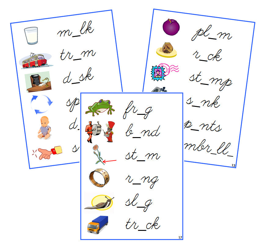 Blue Vowel Sound Cards - CURSIVE - Montessori Print Shop phonics lesson