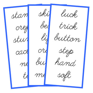 Blue Word Lists - CURSIVE - Montessori Print Shop phonics lesson