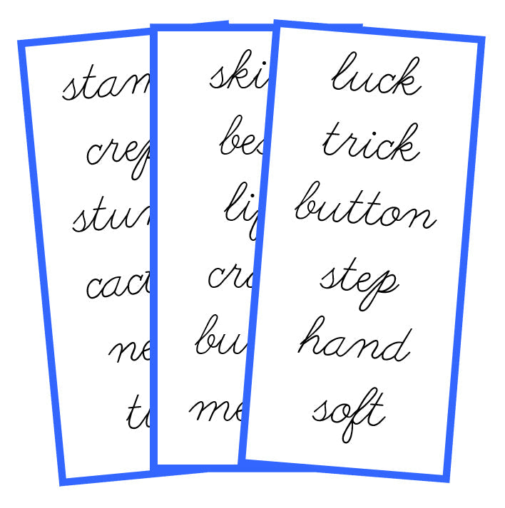 Blue Word Lists - CURSIVE - Montessori Print Shop phonics lesson