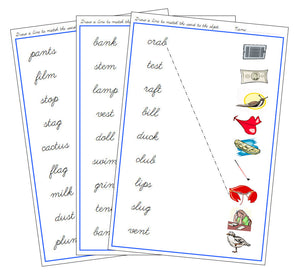Blue Word & Picture Match - CURSIVE - Montessori Print Shop phonics lesson
