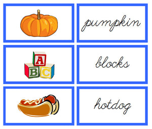 Blue Words & Picture Cards - CURSIVE - Montessori Print Shop phonics lesson