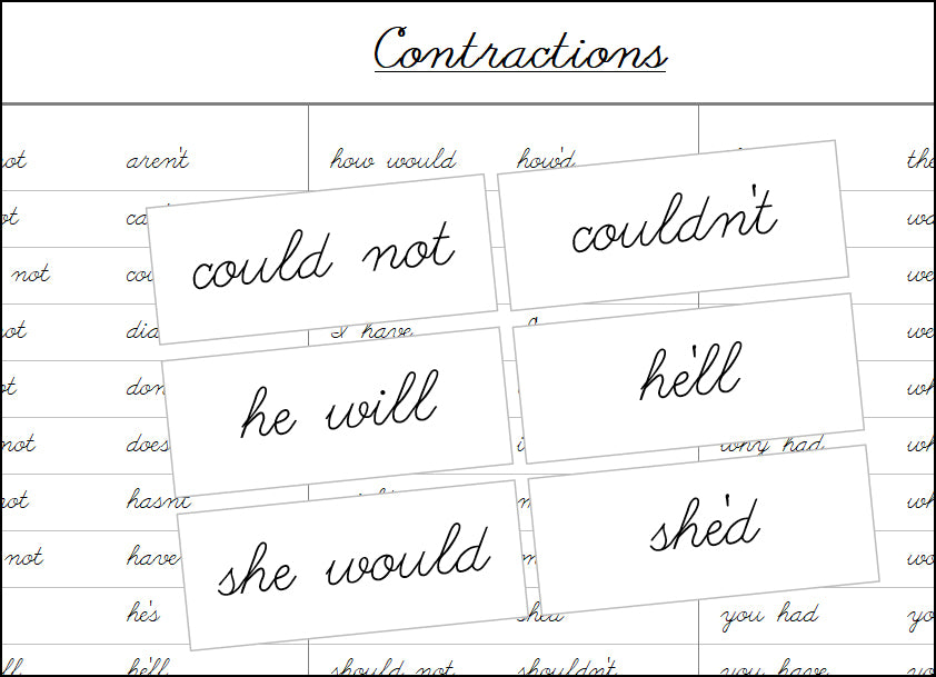 Contractions (cursive) - Montessori Print Shop Grammar Lesson