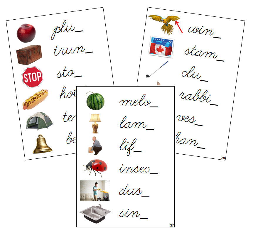 Step 2: Ending Sound Cards (photos) - CURSIVE - Montessori Print Shop phonics lesson