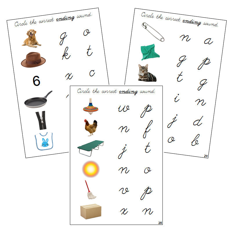 Step 1: Ending Sound Choice Cards (photos) - CURSIVE - Montessori Print Shop phonics lesson